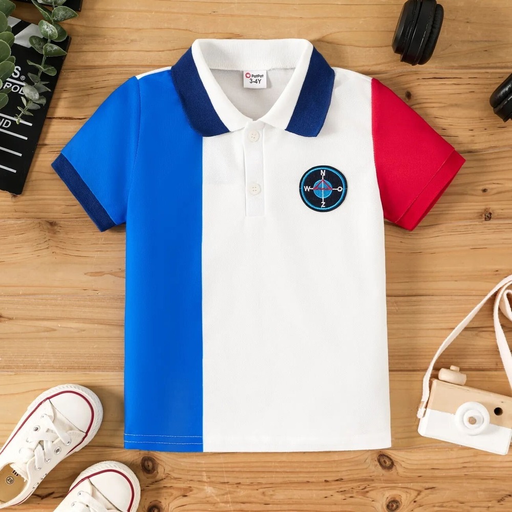 PatPat‎ Boys Toddler Compass Graphic Colorblock Polo - Red, White, Blue - 2T